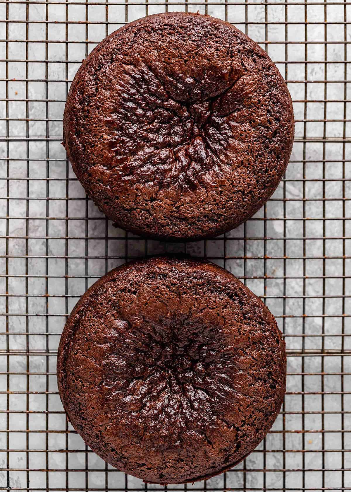 This is the best chocolate cake recipe for serious chocolate lovers. It's dense and moist with a perfect crumb! Topped with chocolate buttercream frosting it's the ultimate chocolate birthday cake. Check out the step-by-step photos and watch the video to learn how to make this easy chocolate cake recipe and ditch boxed cake mixes once and for all! two chocolate cake layers cooling on a wire cooling rack