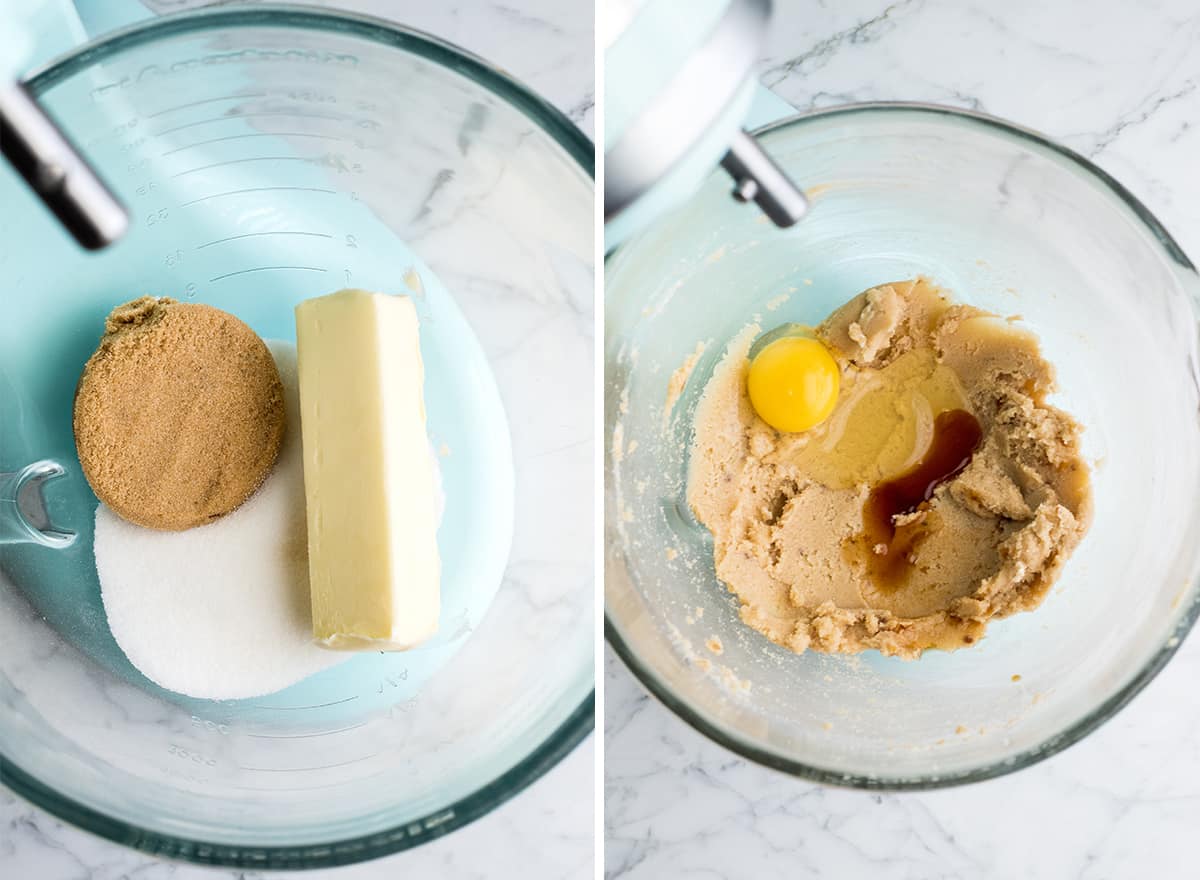 These are the absolute best chocolate chip cookie bars EVER. This cookie bar recipe is easy to make (5 minutes to mix, 20 minutes to bake) and results in a gooey, chewy, doughy yet fully cooked chocolate chip cookie bar that is 100% irresistible. Serve warm with a scoop of ice cream! #chocolatechipcookiebars #cookiebars #cookeis #dessert #baking two photos showing how to make this chocolate chip cookie bar recipe