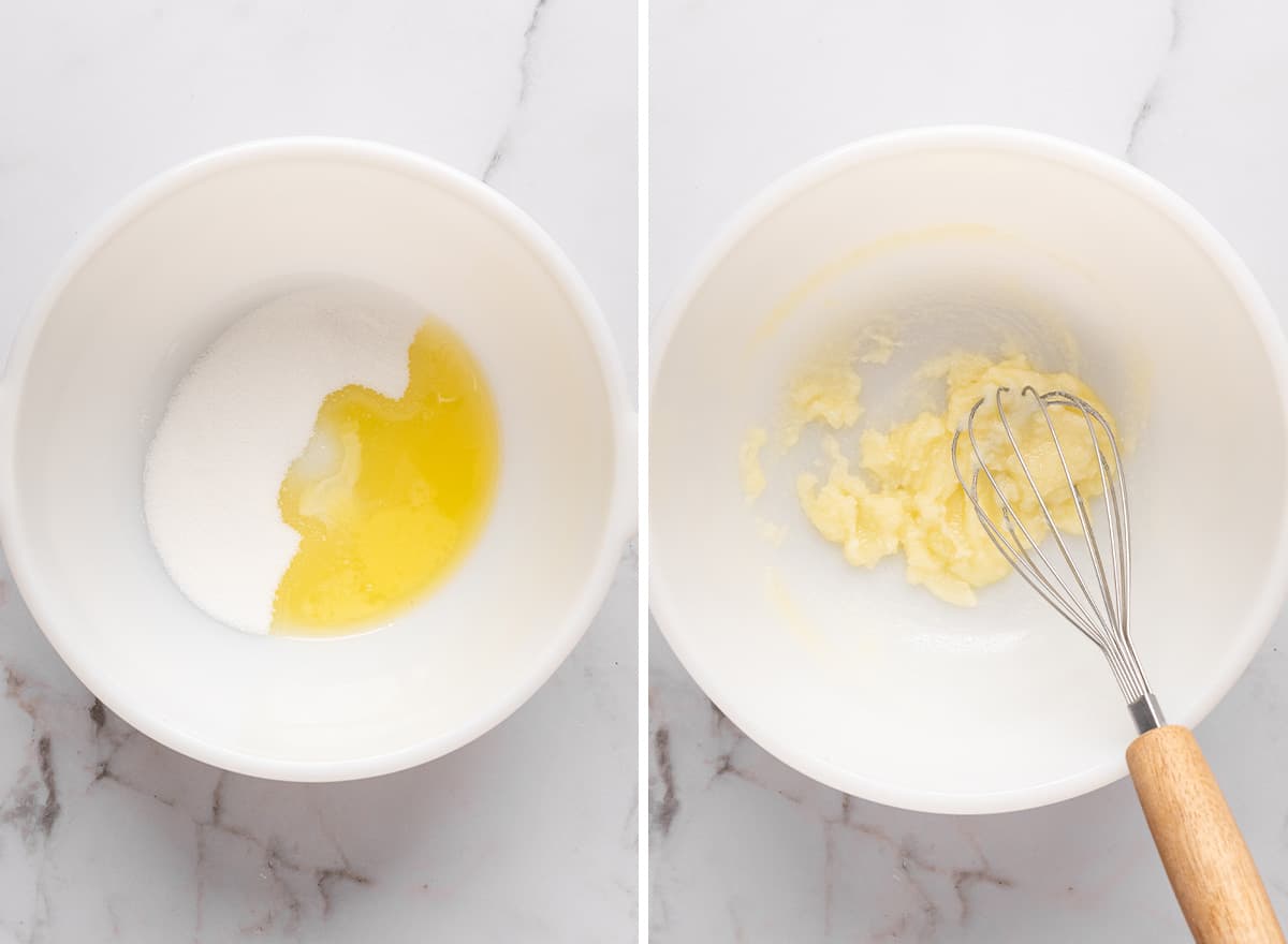 two photos showingHow to Make chocolate Chip Pancakes - whisking butter and sugar