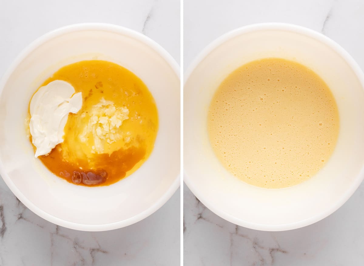 two photos showing How to Make chocolate Chip Pancakes - combining dry ingredients