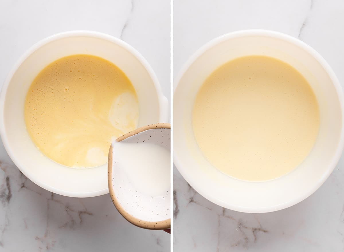 two photos showing How to Make chocolate Chip Pancakes - adding milk