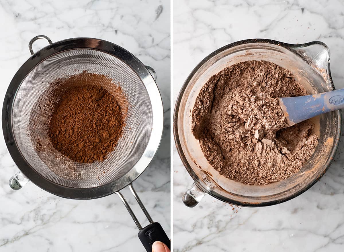 The BEST easy double chocolate chip cookie recipe ever! These chocolate cookies have soft centers, chewy edges and are irresistibly chocolatey. They come together in 5 minutes and require only 30 minutes of chilling time! #chocolate #cookies #chocolatecookies #baking #joyfoodsunshine two overhead photos showing how to make chocolate cookies