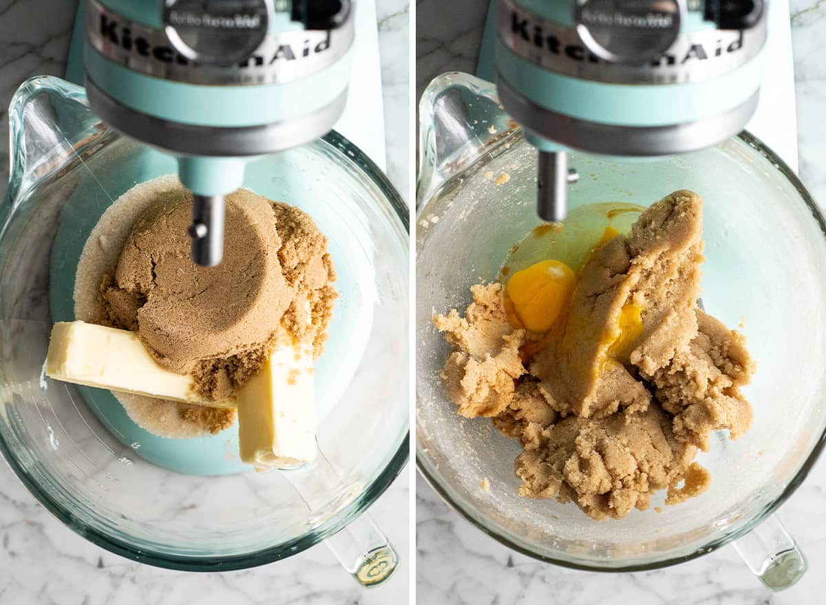 The BEST easy double chocolate chip cookie recipe ever! These chocolate cookies have soft centers, chewy edges and are irresistibly chocolatey. They come together in 5 minutes and require only 30 minutes of chilling time! #chocolate #cookies #chocolatecookies #baking #joyfoodsunshine two overhead photos showing how to make chocolate cookies