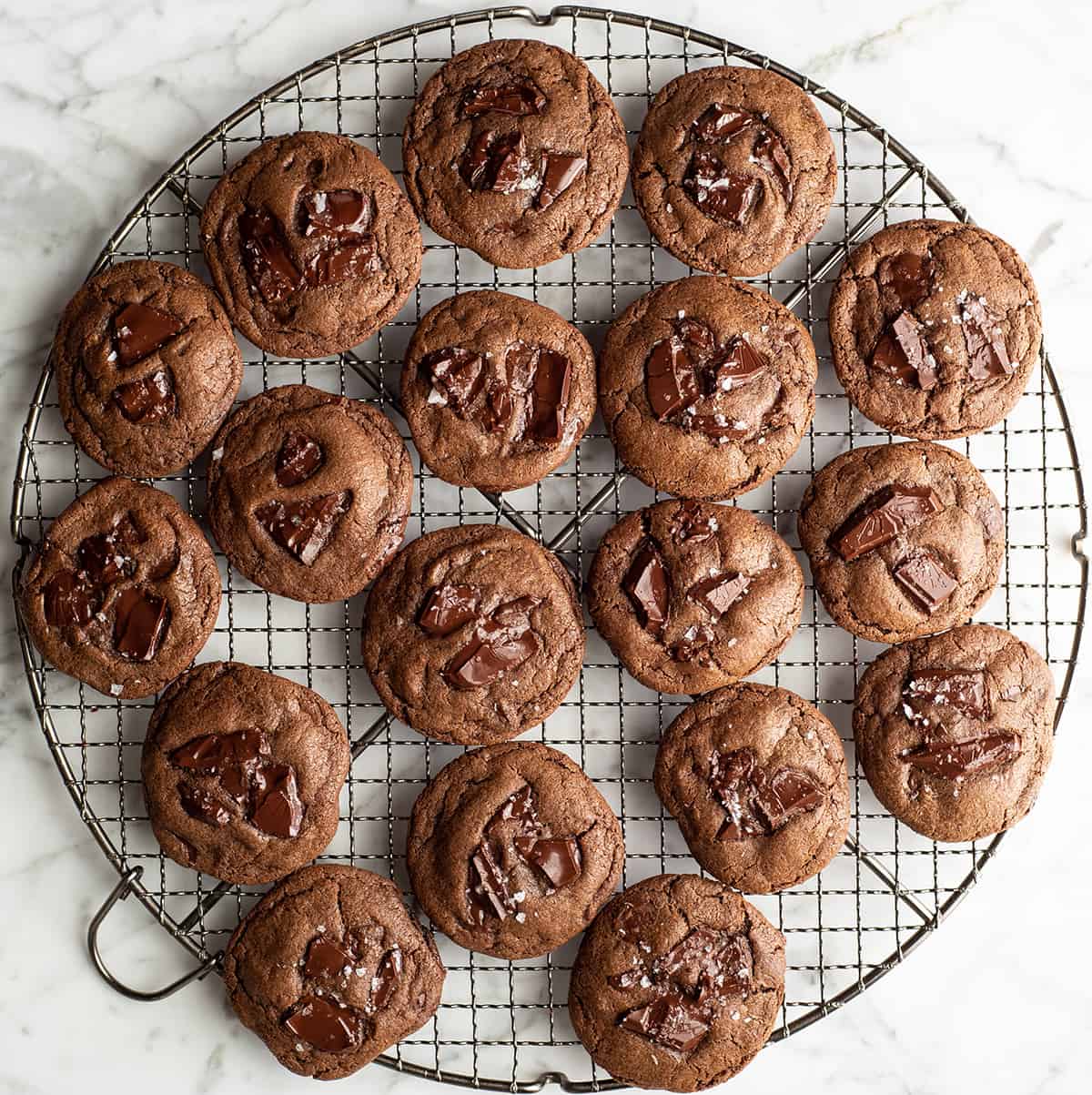 The BEST easy double chocolate chip cookie recipe ever! These chocolate cookies have soft centers, chewy edges and are irresistibly chocolatey. They come together in 5 minutes and require only 30 minutes of chilling time! #chocolate #cookies #chocolatecookies #baking #joyfoodsunshine overhead view of 18 double chocolate cookies on a cooling rack