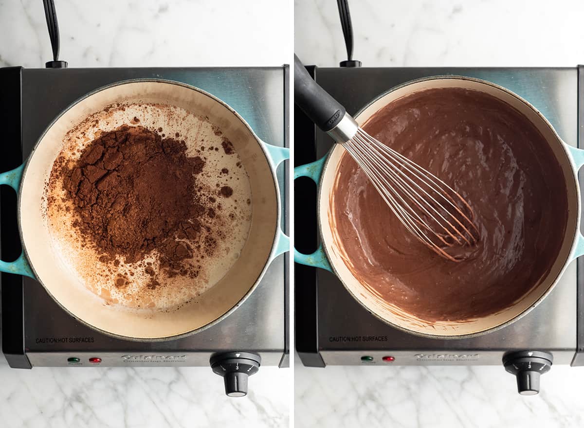 Rich, ultra-creamy, and chocolatey, this is the best homemade chocolate ice cream recipe ever! It's easy to make with only 7 ingredients (including two forms of chocolate), has a rich chocolate flavor, and is just as good as any ice cream shop! two photos showing how to make chocolate ice cream