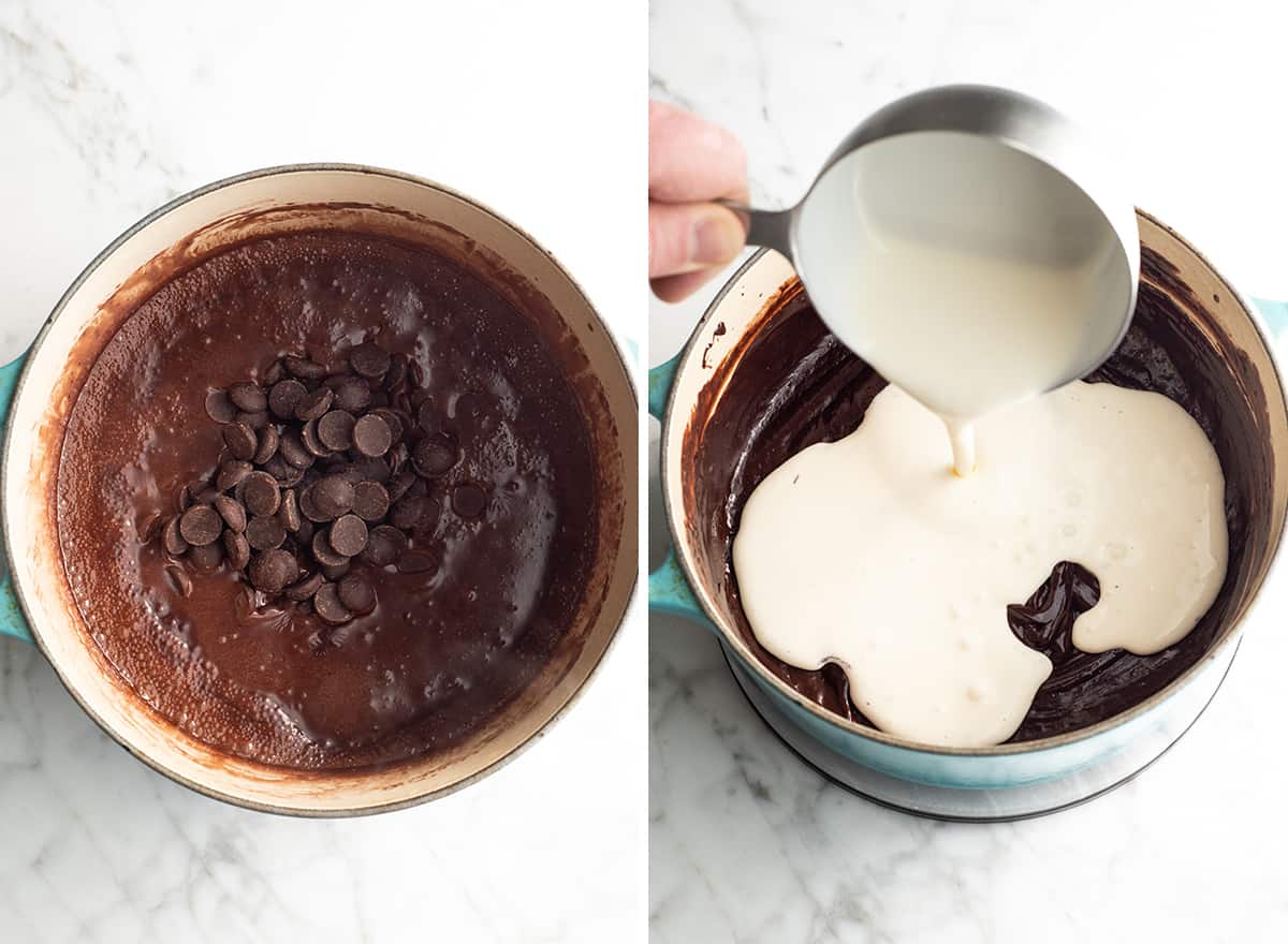 Rich, ultra-creamy, and chocolatey, this is the best homemade chocolate ice cream recipe ever! It's easy to make with only 7 ingredients (including two forms of chocolate), has a rich chocolate flavor, and is just as good as any ice cream shop! two photos showing how to make chocolate ice cream