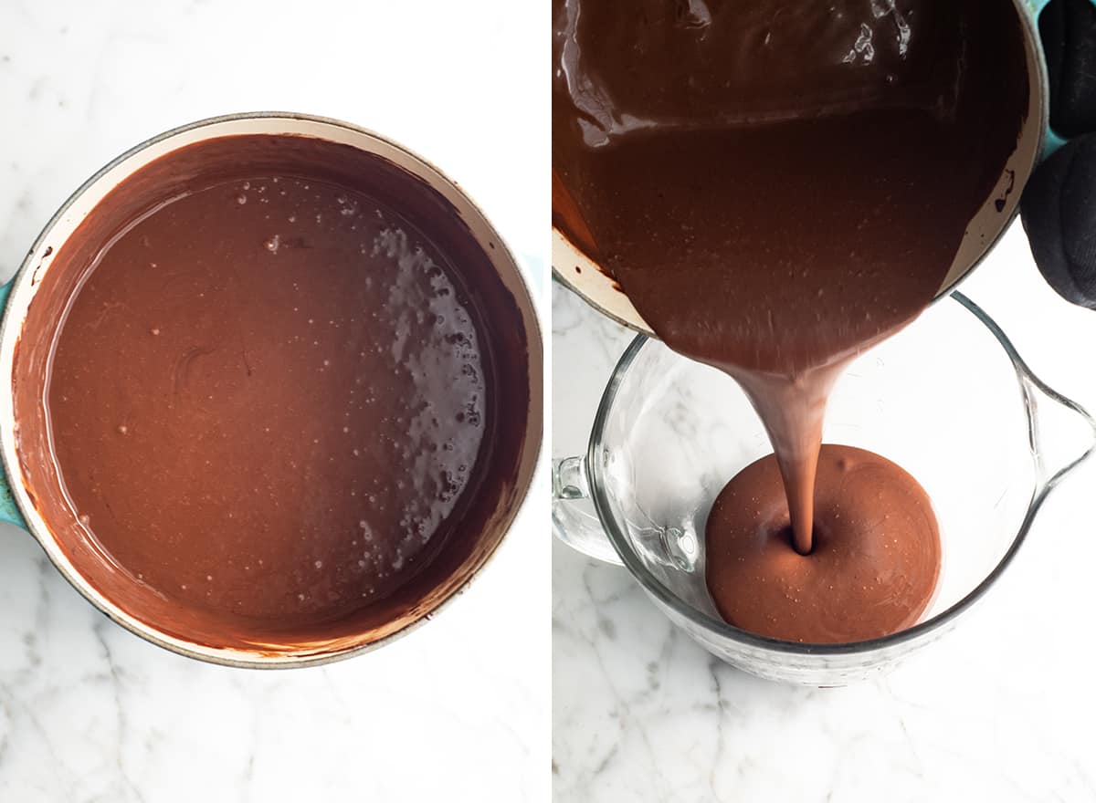 Rich, ultra-creamy, and chocolatey, this is the best homemade chocolate ice cream recipe ever! It's easy to make with only 7 ingredients (including two forms of chocolate), has a rich chocolate flavor, and is just as good as any ice cream shop! two photos showing how to make homemade chocolate ice cream