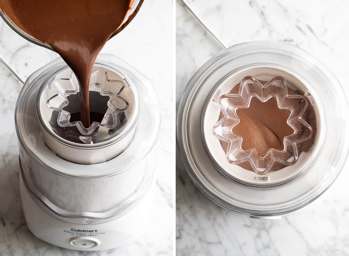 Rich, ultra-creamy, and chocolatey, this is the best homemade chocolate ice cream recipe ever! It's easy to make with only 7 ingredients (including two forms of chocolate), has a rich chocolate flavor, and is just as good as any ice cream shop! two photos showing how to make chocolate ice cream