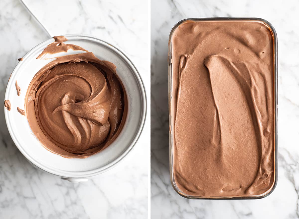 Rich, ultra-creamy, and chocolatey, this is the best homemade chocolate ice cream recipe ever! It's easy to make with only 7 ingredients (including two forms of chocolate), has a rich chocolate flavor, and is just as good as any ice cream shop! two photos showing how to make chocolate ice cream