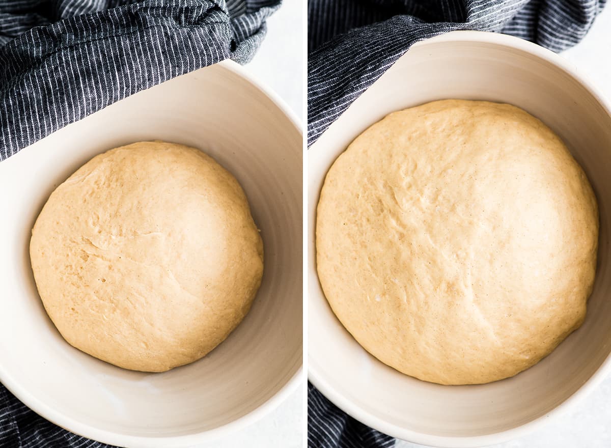 This is the Best Homemade Cinnamon Rolls Recipe EVER! These gooey cinnamon rolls are even better than Cinnabon cinnamon rolls, and are topped with a delicious cream cheese frosting! They're easy to make and can be prepared the day before and left to rise overnight in the refrigerator. two overhead photos showing how to make cinnamon rolls