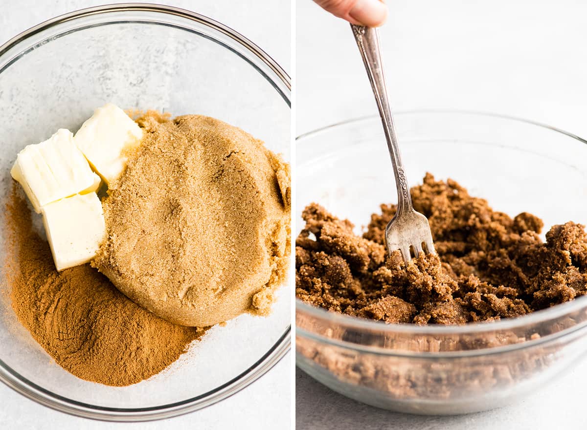 This is the Best Homemade Cinnamon Rolls Recipe EVER! These gooey cinnamon rolls are even better than Cinnabon cinnamon rolls, and are topped with a delicious cream cheese frosting! They're easy to make and can be prepared the day before and left to rise overnight in the refrigerator. two photos showing how to make cinnamon rolls