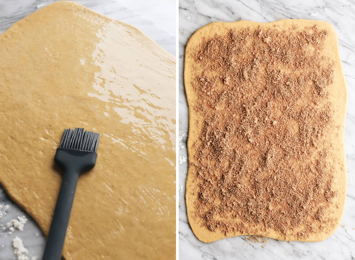 How to Make Cinnamon Rolls - adding filling to dough