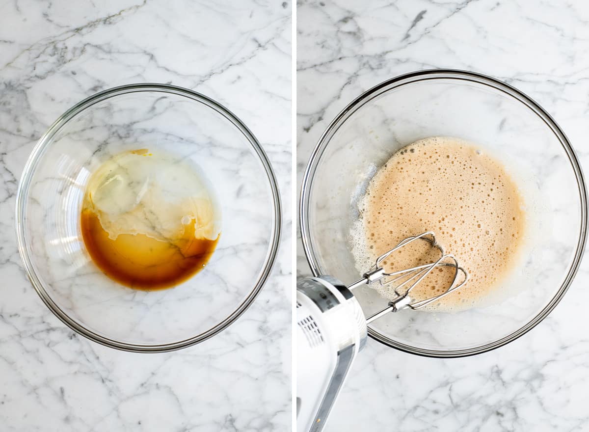 This homemade Cinnamon Sugar Pecans Recipe is made with only 6 ingredients & is WAY better than the nuts from the mall or fair! Plus, they're gluten & dairy-free & freezer-friendly! Make a batch, store them in the freezer and use as a salad topper or enjoy as a sweet snack! #glutenfree #dairyfree #cinnamonsugarnuts #pecans #snack #saladtopper #easy #homemade two overhead photos showing how to make candied cinnamon sugar pecans - combining wet ingredients