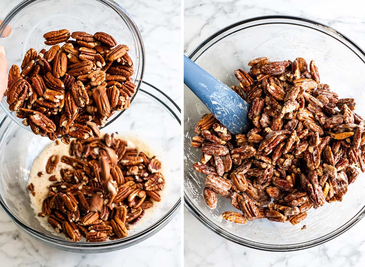 This homemade Cinnamon Sugar Pecans Recipe is made with only 6 ingredients & is WAY better than the nuts from the mall or fair! Plus, they're gluten & dairy-free & freezer-friendly! Make a batch, store them in the freezer and use as a salad topper or enjoy as a sweet snack! #glutenfree #dairyfree #cinnamonsugarnuts #pecans #snack #saladtopper #easy #homemade two overhead photos showing how to make candied cinnamon sugar pecans - stirring in pecans