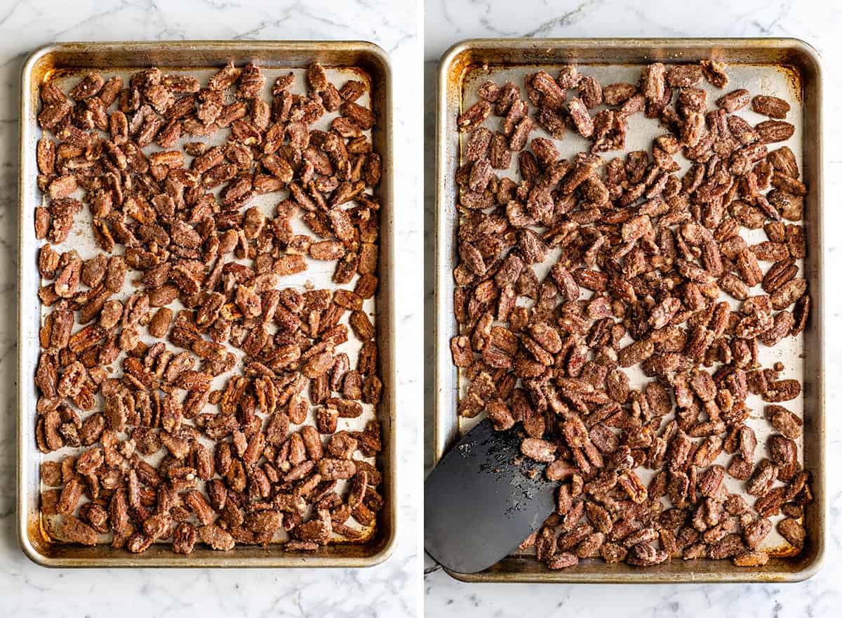 This homemade Cinnamon Sugar Pecans Recipe is made with only 6 ingredients & is WAY better than the nuts from the mall or fair! Plus, they're gluten & dairy-free & freezer-friendly! Make a batch, store them in the freezer and use as a salad topper or enjoy as a sweet snack! #glutenfree #dairyfree #cinnamonsugarnuts #pecans #snack #saladtopper #easy #homemade two overhead photos showing how to bake candied cinnamon sugar pecans