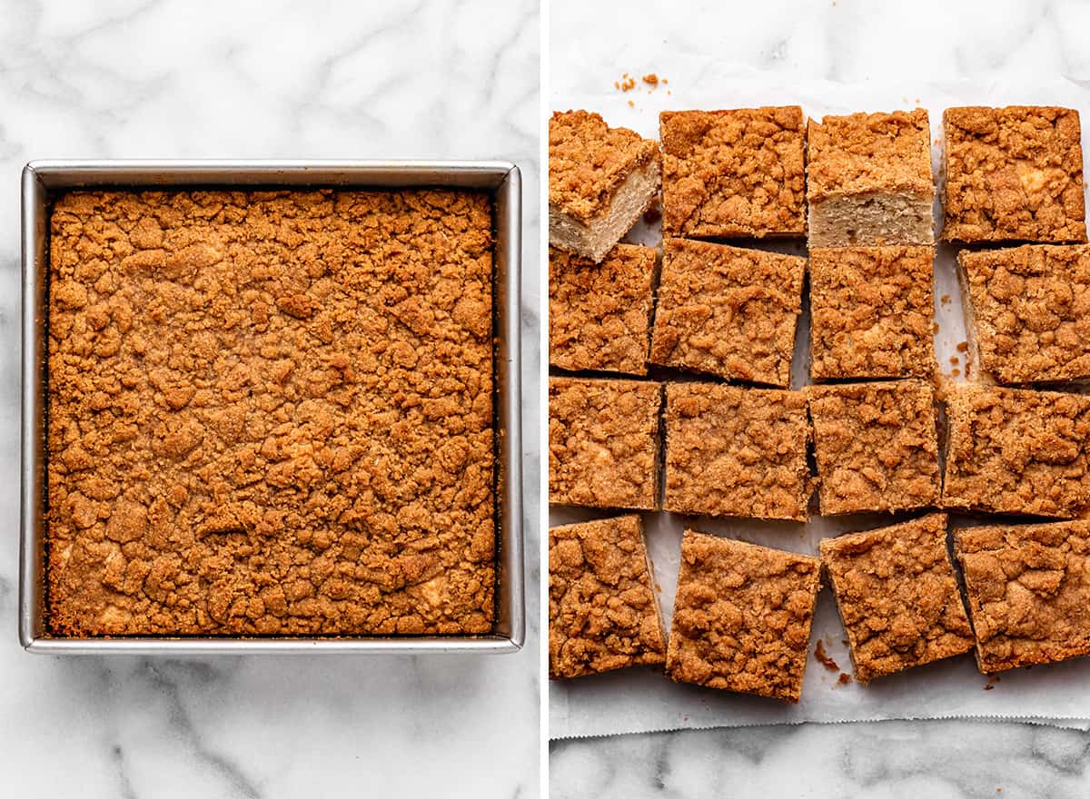 two photos showing How to Make Coffee Cake - baked in a baking dish then cut into 16 pieces.