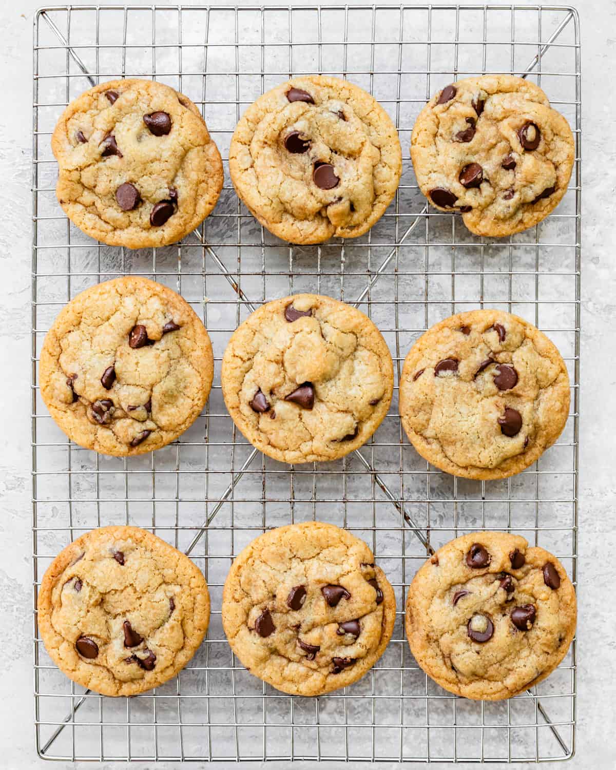 9 Dairy Free Chocolate Chip Cookies on a wire cooling rack
