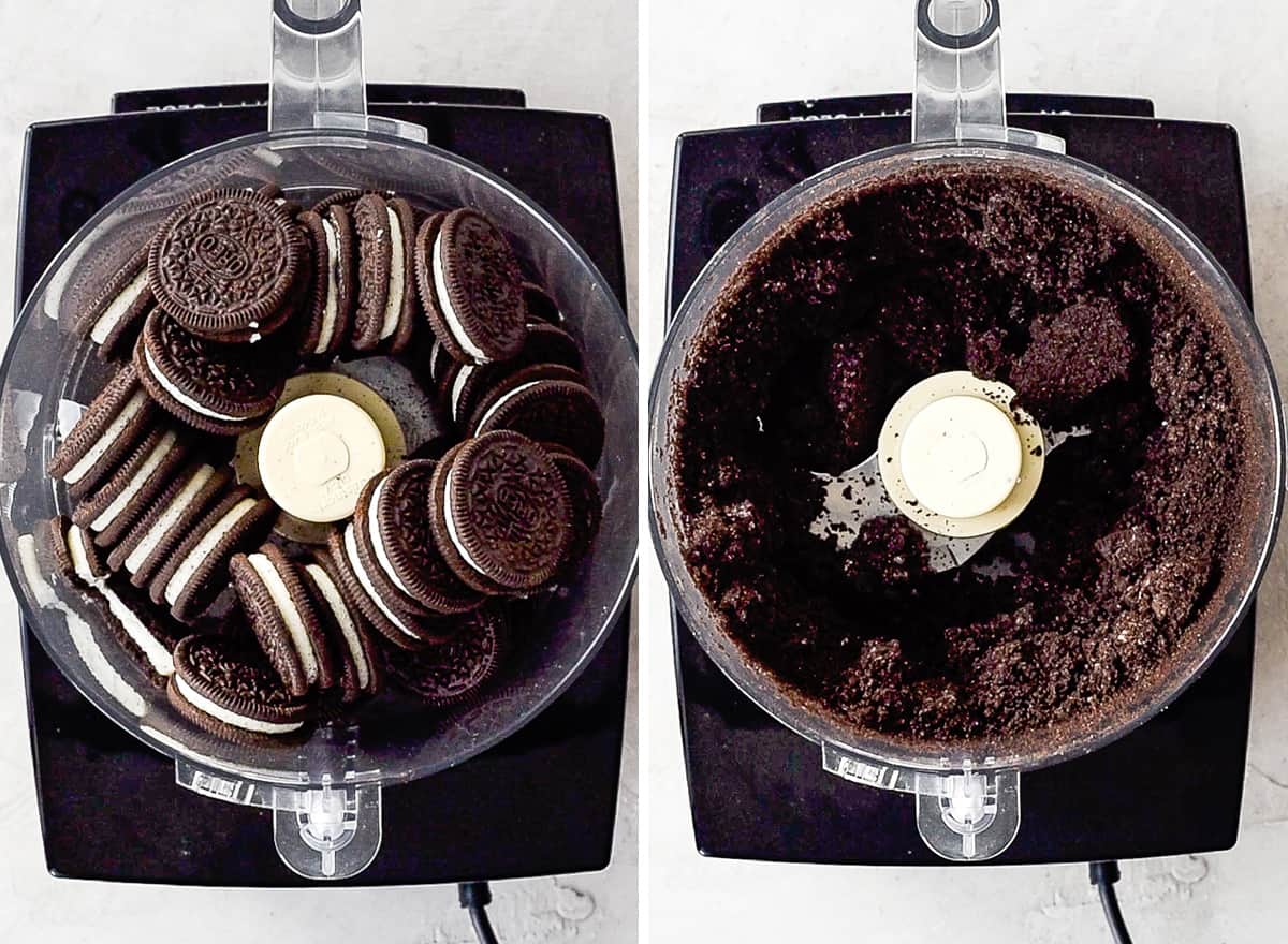 This Easy Dirt Cake Recipe (Oreo Dirt Pudding) is one of our favorite no-bake desserts! Crushed Oreos are layered between a french vanilla pudding mixture for a kid-friendly, make-ahead dessert recipe perfect for any potluck or BBQ! Add gummy worms for a whimsical touch! #dirtcake #dirtpudding #oreos #oreopudding #nobake #dessert #potluck #bbq #summer two photos showing how to make dirt cake - Oreo cookies in a food processor before and after processing