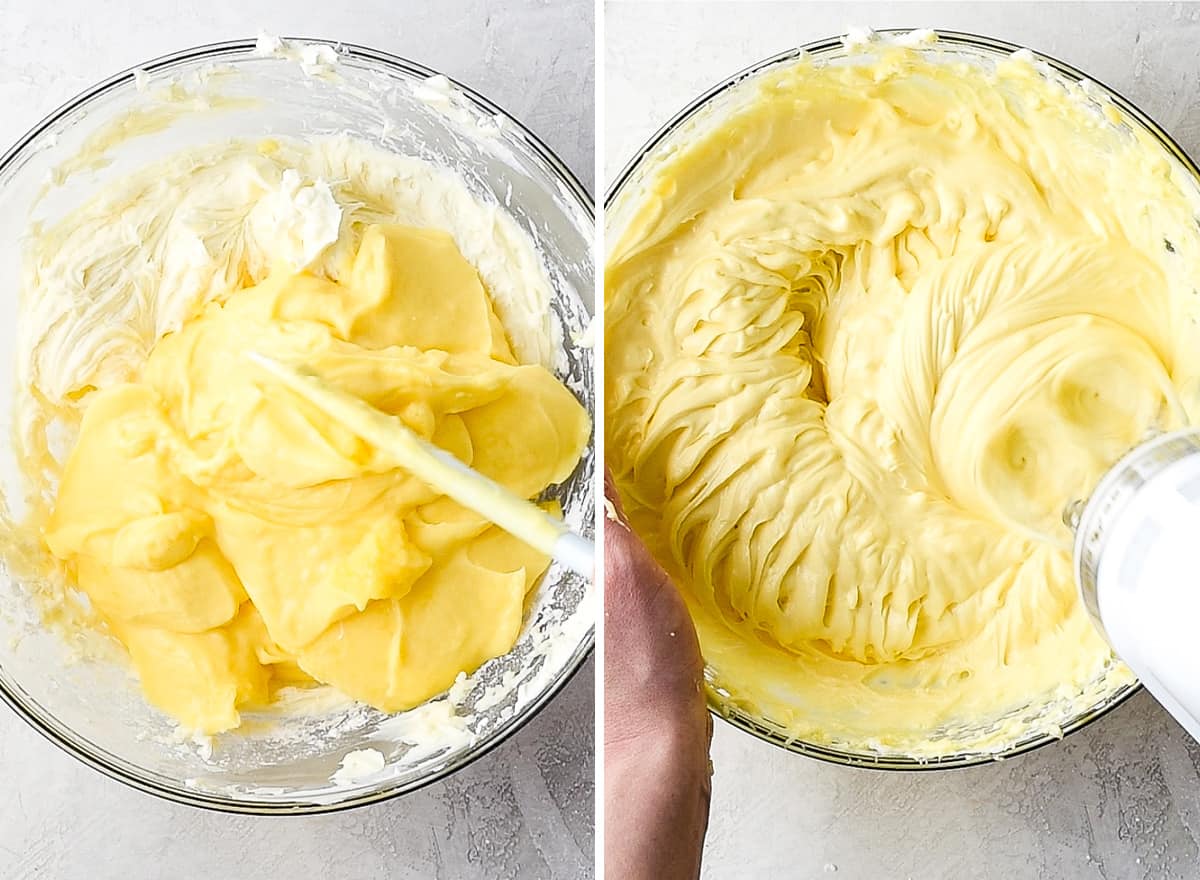 two photos showing how to make dirt cake - combining the butter mixture and pudding.