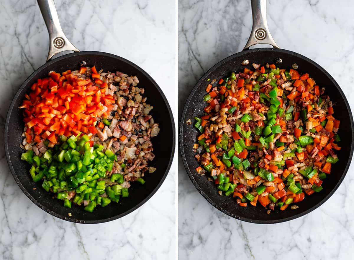 two photos showing how to make egg casserole - cooking vegetables with bacon mixture