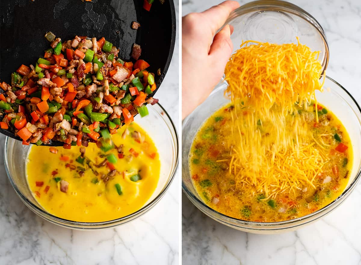 This Egg Casserole (Egg Bake) is an easy breakfast casserole that's made with only 9 ingredients (eggs, veggies, bacon, cheese and seasoning)! It's a healthy, low-carb way to start the day! #eggcasserole #breakfastcasserole #bacon #eggs #breakfast #brunch #recipe #joyfoodsunshine two photos showing how to make egg casserole - adding vegetables and cheese to the egg miture