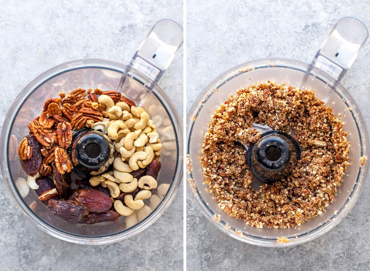 No-Bake Chocolate Date Energy Balls Recipe! These healthy energy balls are made in 5 minutes with 8 ingredients and they taste brownie bites! They are vegan, Paleo gluten-free and have no refined sugar, but you'd never know it! They're also freezer-friendly! #energyballs #energybites #vegan #paleo #snack #glutenfree #joyfoodsunshine two overhead photos showing how to make energy balls