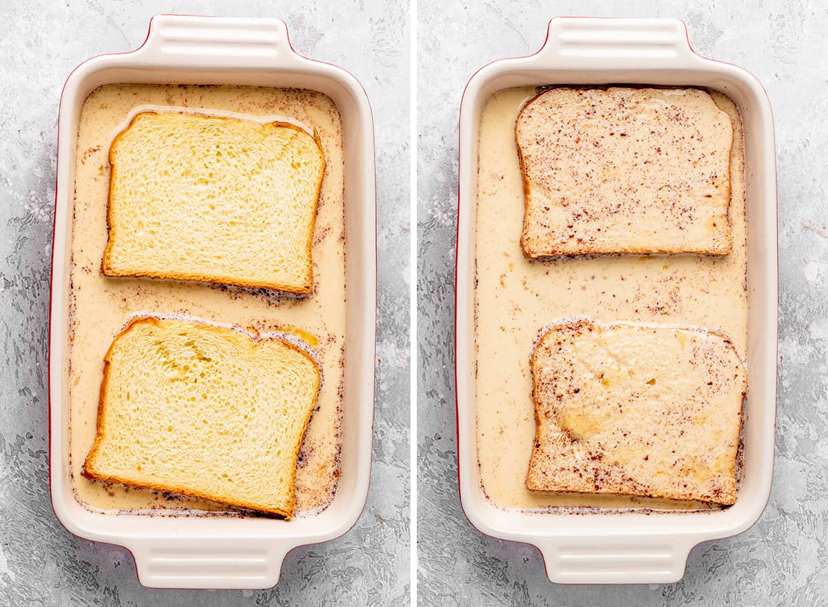 two photos showing How to Make French Toast - soaking bread in egg mixture