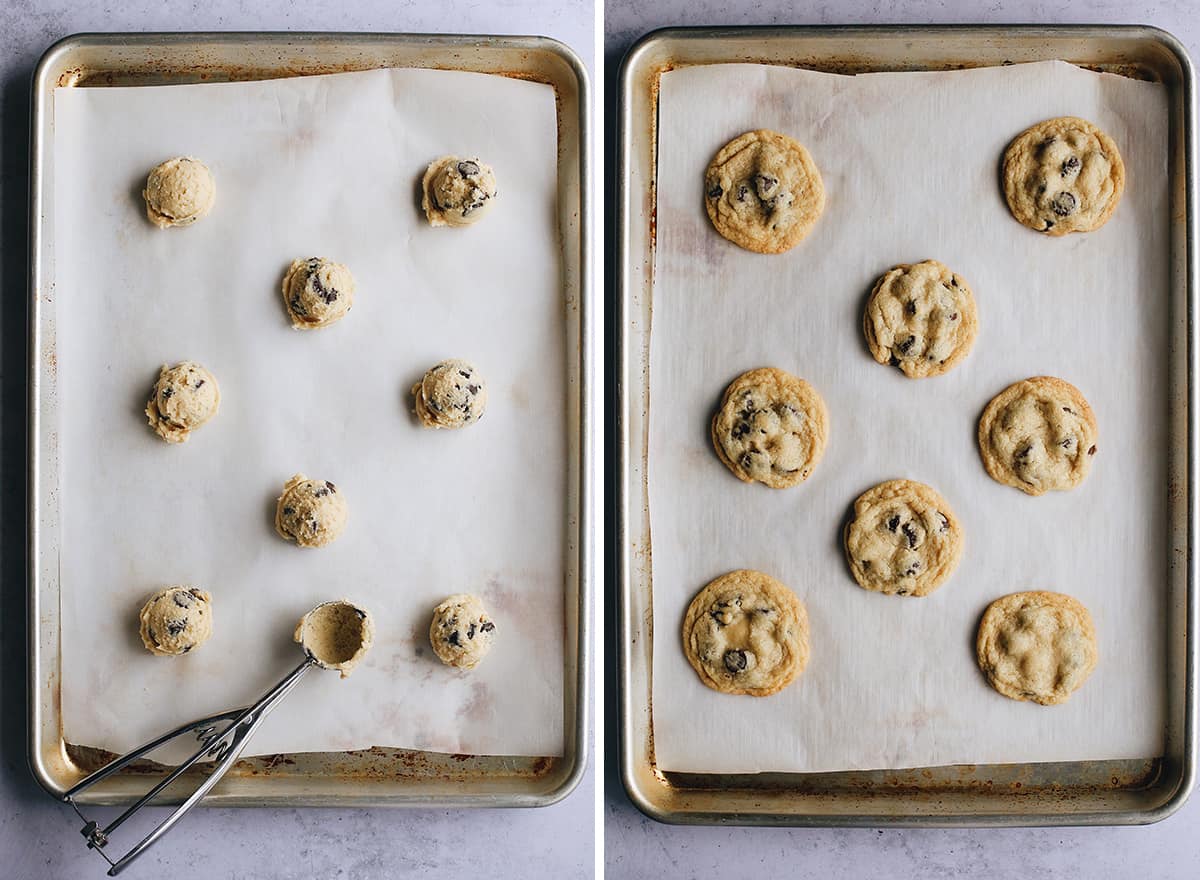 two overhead photos showing How to Make Gluten Free Chocolate Chip Cookies