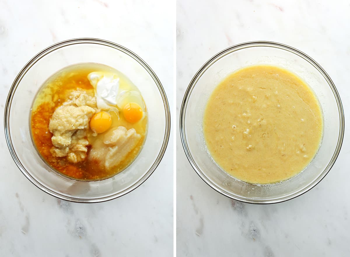 two photos showing How to make Healthy Chocolate Banana Bread - mixing wet ingredients