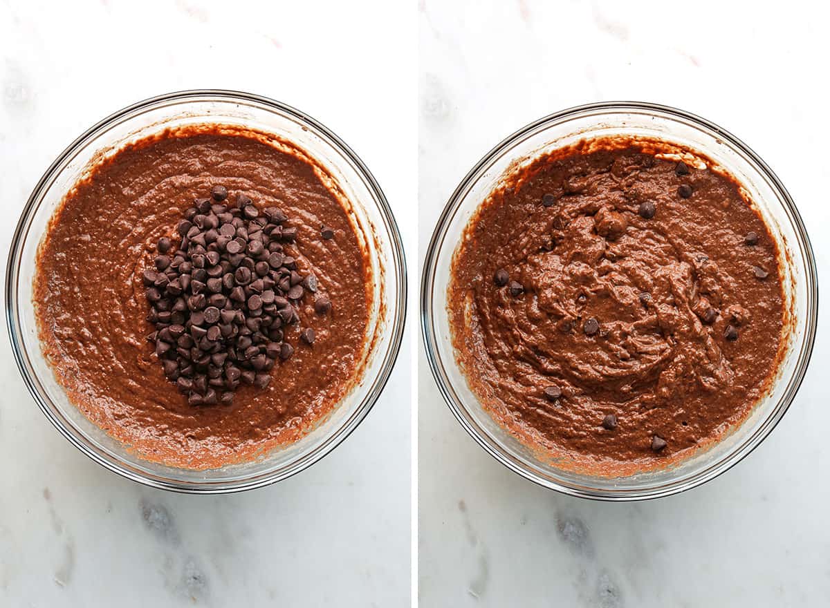 two photos showing How to make Healthy Chocolate Banana Bread - adding chocolate chips