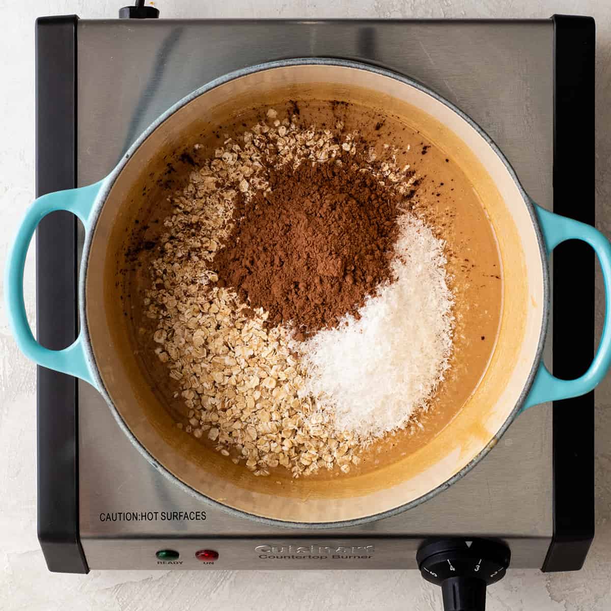 Healthy No-Bake Chocolate Peanut Butter Cookies! Made with only 8 good-for-you ingredients & ready in 30 minutes, they're a delicious treat you can feel great about eating! overhead photo showing how to make healthy no bake cookies