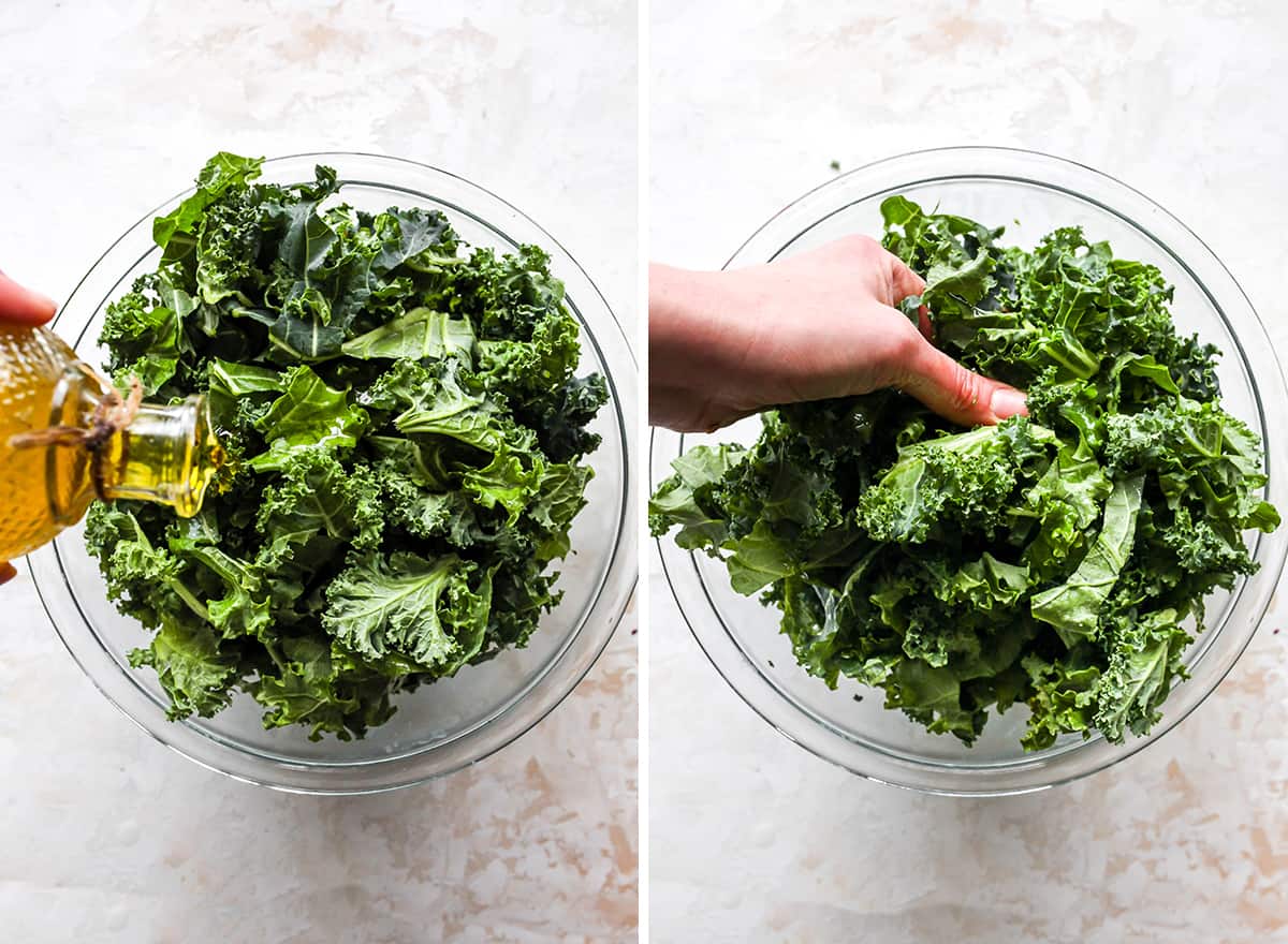 This kale salad recipe is loaded with colorful vegetables, sweet cranberries, crunchy pecans, creamy cheddar cheese and the best homemade dressing ever! It’s a hearty salad that holds up well and will impress even kale skeptics. two overhead photos showing how to make kale salad