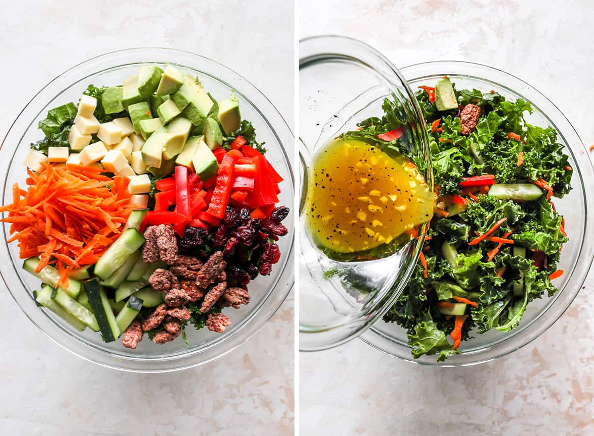 This kale salad recipe is loaded with colorful vegetables, sweet cranberries, crunchy pecans, creamy cheddar cheese and the best homemade dressing ever! It’s a hearty salad that holds up well and will impress even kale skeptics. two overhead photos showing how to make kale salad