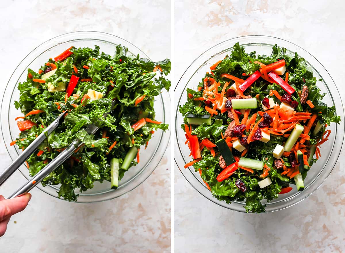 This kale salad recipe is loaded with colorful vegetables, sweet cranberries, crunchy pecans, creamy cheddar cheese and the best homemade dressing ever! It’s a hearty salad that holds up well and will impress even kale skeptics. two overhead photos showing how to make kale salad