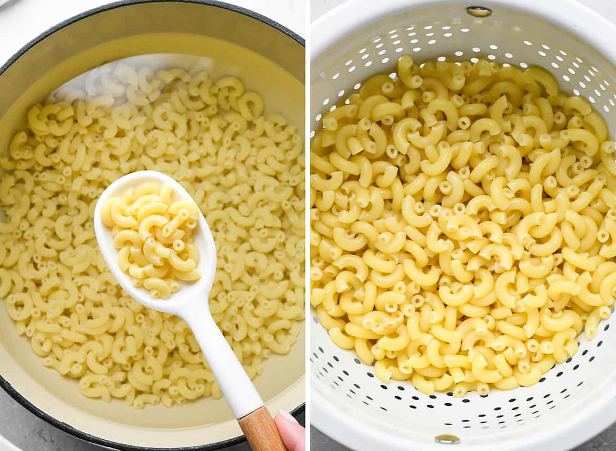 This Easy Homemade Mac and Cheese Recipe is made with 6 ingredients in 15 minutes on the stovetop (no baking required)! Time to ditch the boxed mac and cheese for this irresistibly creamy, smooth & cheesy homemade recipe! #homemade #macandcheese #homemademacandcheese #sidedish #maindish #kidfriendly two photos showing how to make Mac and Cheese - cooking macaroni and draining it