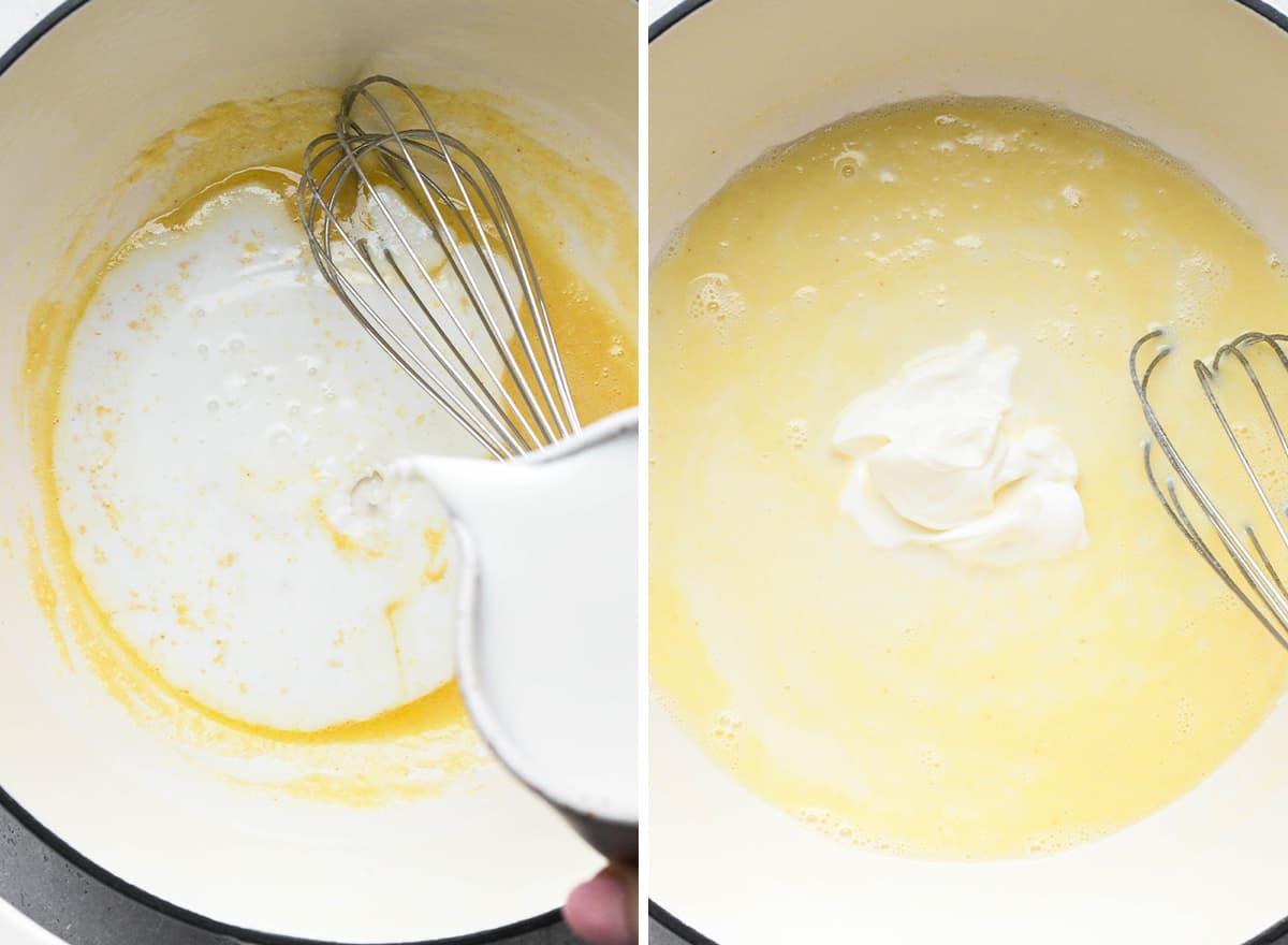 two photos showing how to make Mac and Cheese - making the cheese sauce