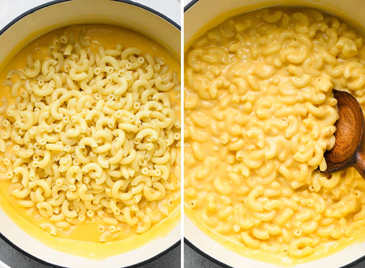 This Easy Homemade Mac and Cheese Recipe is made with 6 ingredients in 15 minutes on the stovetop (no baking required)! Time to ditch the boxed mac and cheese for this irresistibly creamy, smooth & cheesy homemade recipe! #homemade #macandcheese #homemademacandcheese #sidedish #maindish #kidfriendly two photos showing how to make Mac and Cheese adding macaroni to the cheese sauce