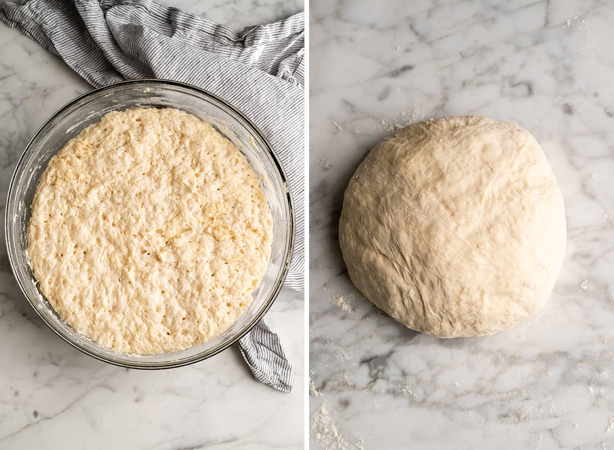 Easy Dutch Oven No Knead Bread recipe is made with only 4 ingredients and takes 5 minutes of prep time! If you want to make delicious homemade bread that looks & tastes like it came from a fancy bakery but actually takes very little effort, this dutch oven bread recipe is for you! two overhead photos showing how to make no knead bread punching down dough & forming a ball