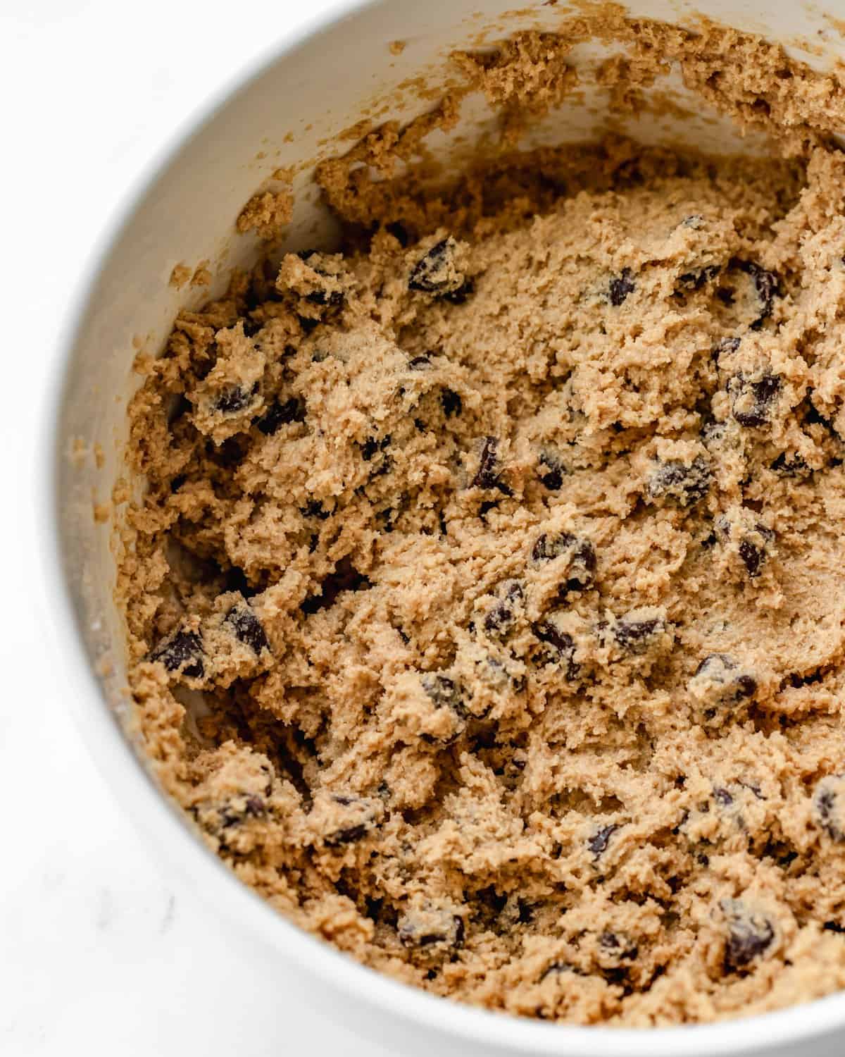 oat flour chocolate chip cookie dough in a bowl