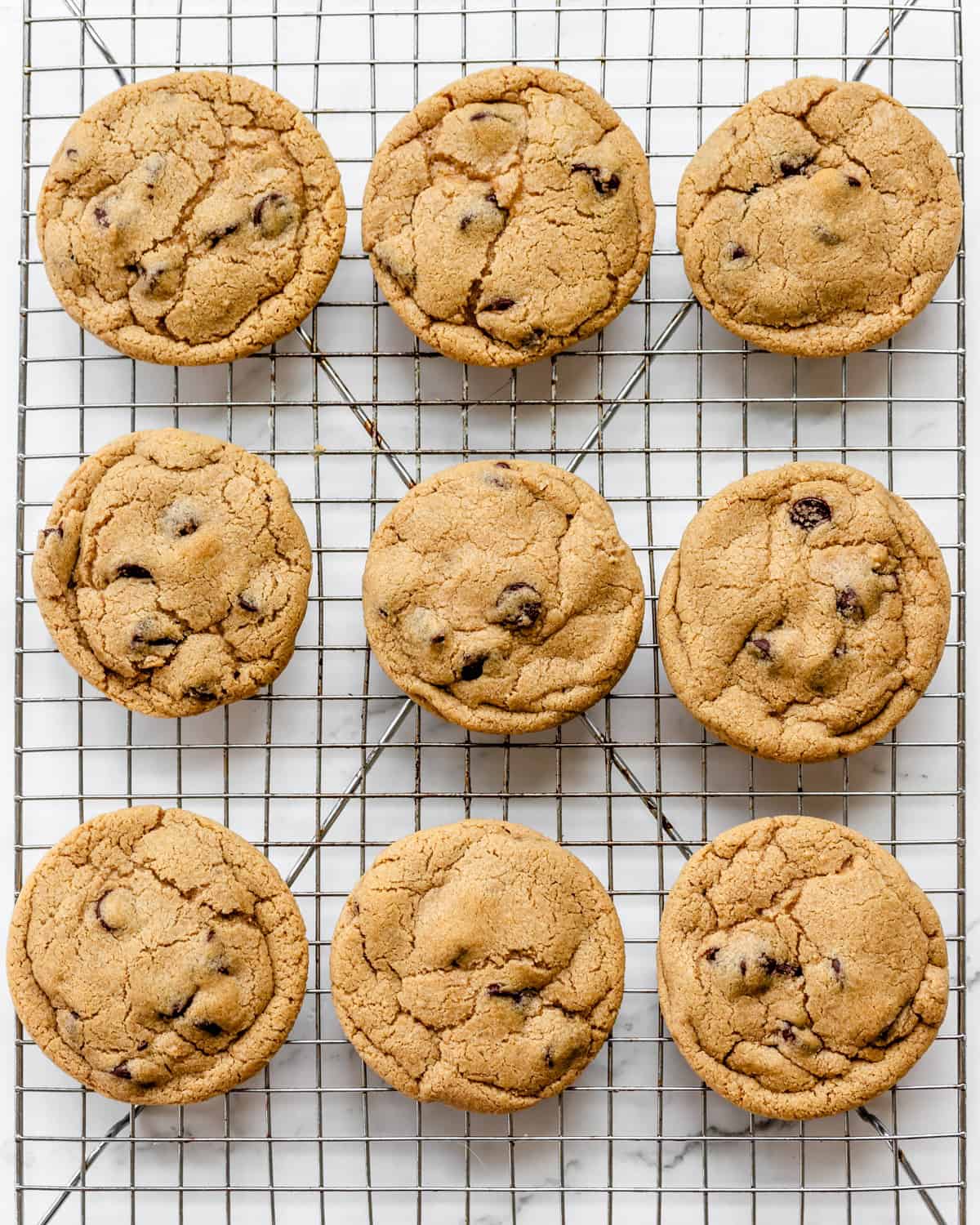 9 oat flour chocolate chip cookies on a wire cooling rack
