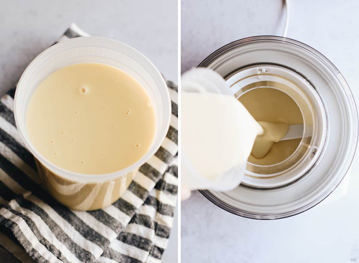 The best cookies and cream ice cream recipe! A creamy Oreo ice cream is loaded with crushed and chopped cookies for a big cookie flavor in every bite! two overhead photos showing How to Make Oreo Ice Cream