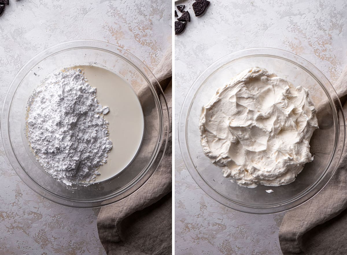 two photos showing How to Make Oreo Pie - making the filling