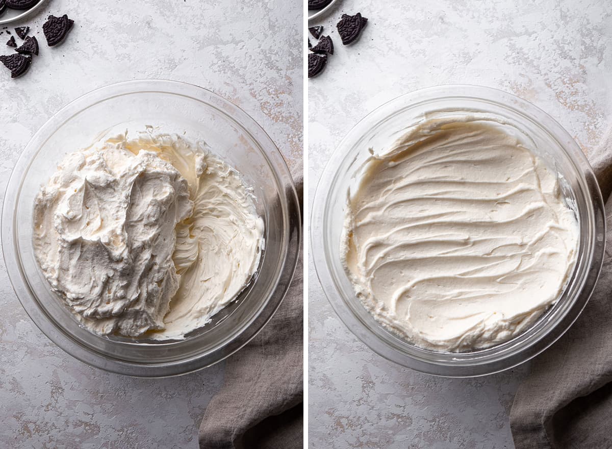 two photos showing How to Make Oreo Pie - making the filling