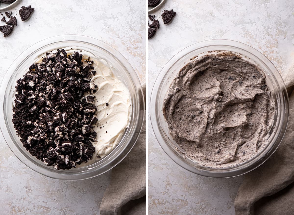 two photos showing How to Make Oreo Pie - making the filling