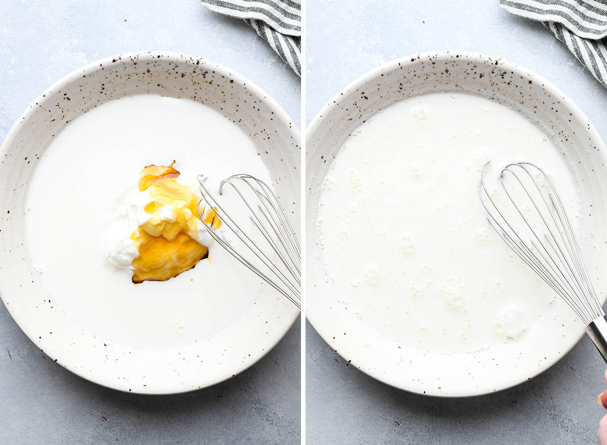 two photos showing How to Make Overnight Oats - whisking milk, yogurt and honey.