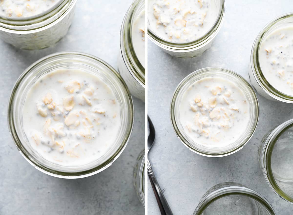 two photos showing How to Make Overnight Oats - pouring into jars
