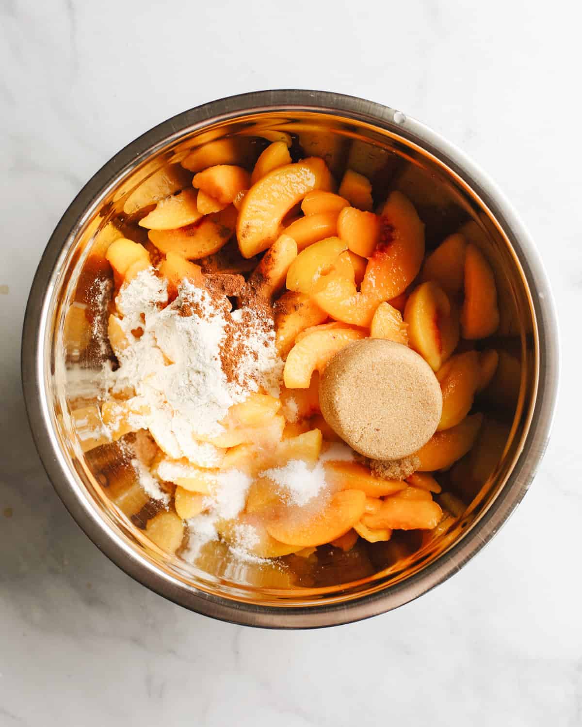 photo showing how to make How to Make Peach Pie filling - before ingredients are mixed