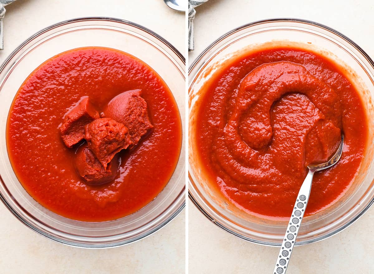 two photos showing how to make pizza sauce - mixing tomato sauce and paste