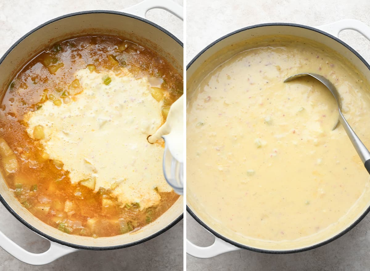 two photos showing How to Make Potato Soup in a dutch oven.
