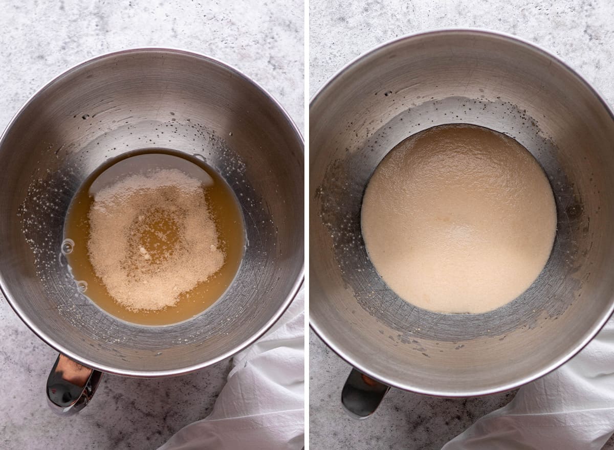 two overhead photos showing how to make this soft pretzel recipe - proofing the yeast